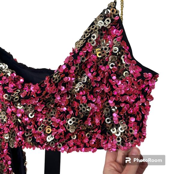 H:ours NWT Sybila Fuchsia and Gold Shiny Sequin Cut-Out Party Mini Dress Medium - Picture 4 of 10